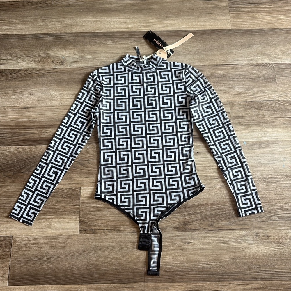 Geometric Print Long-Sleeve Bodysuit - Black & White